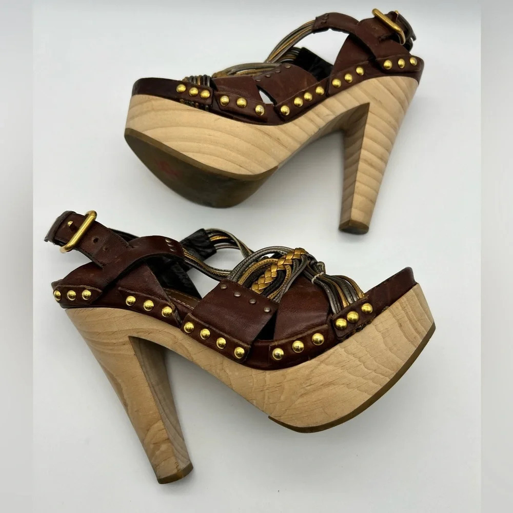 Miu Miu 36 Heel Sling Clog Wedge Platform Stud Brown Leather Wood Y2k boho tall - Picture 8 of 15